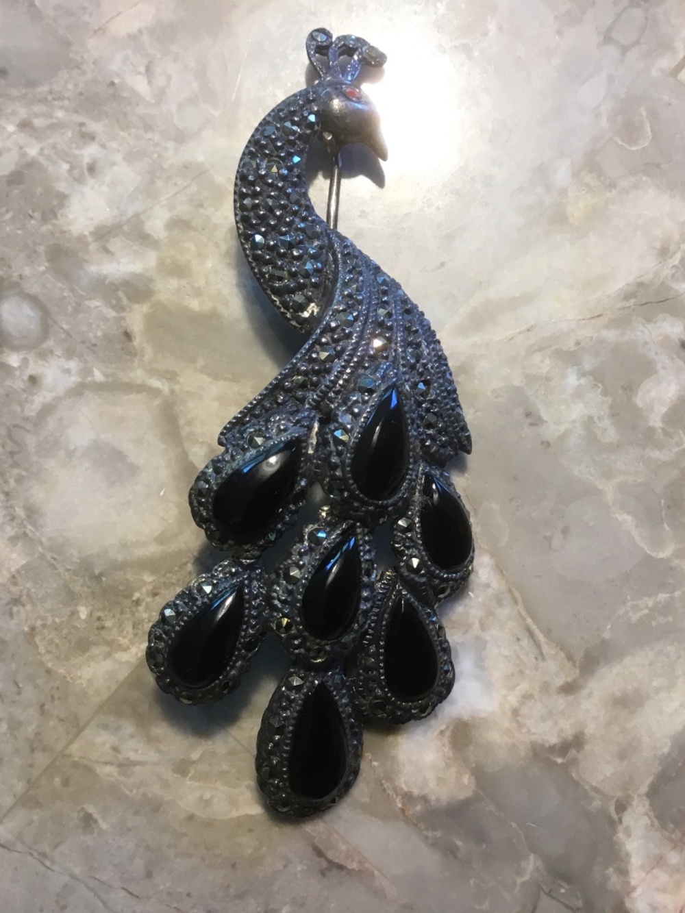 Sterling 925 ONYX Peacock Brooch (latch hook missing) - Picture 2 of 11